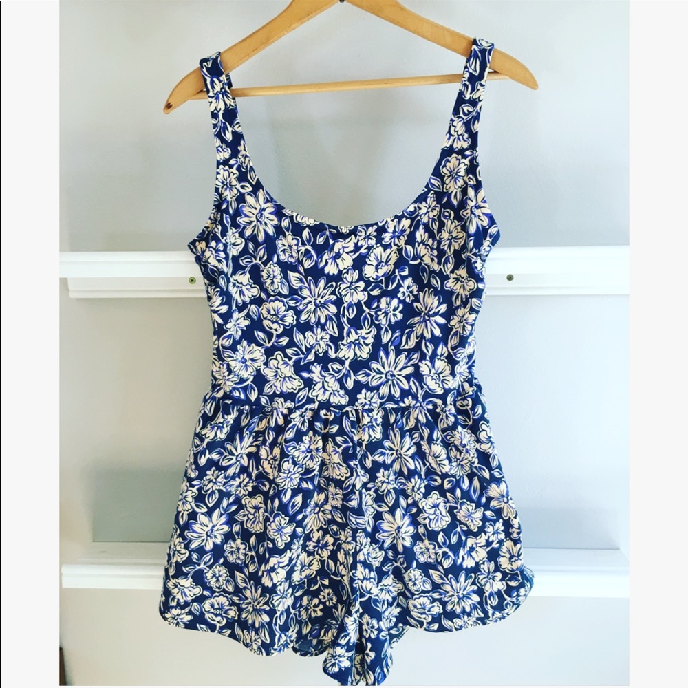 Vintage blue and white floral swim suit romper
